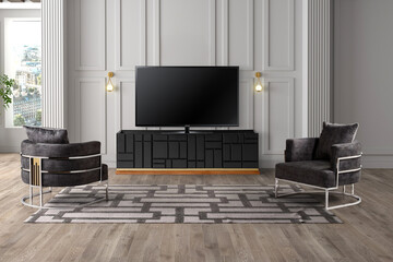 3d rendering Cabinet TV in modern living room with armchair ,lamp ,table ,flower and plant 