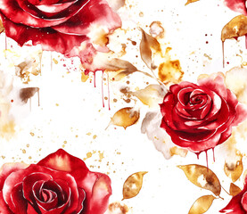 Seamless watercolor red roses and gold glitters pattern. Wedding wallpaper design. Generative ai