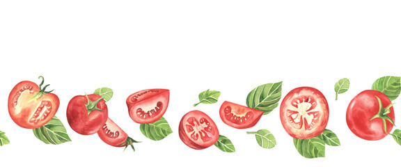 Horizontal seamless stripe border with tomato vegetables and green basil. hand drawn watercolor isolated on white background.