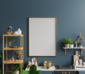 Mockup poster frame in kitchen interior on dark blue wlall - obrazy, fototapety, plakaty