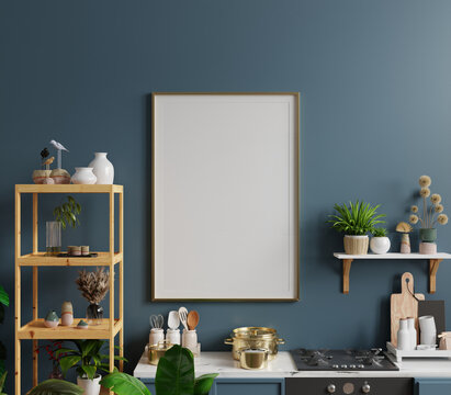 Mockup poster frame in kitchen interior on dark blue wlall