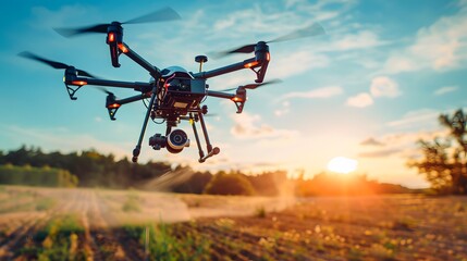 Fototapeta na wymiar Agriculture drone fly and spray fertilizer on fields.