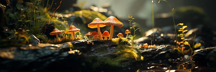Tuinposter Capturing the mesmerizing beauty of a mushroom-filled clearing in the enchanting forest © Наталья Бойко