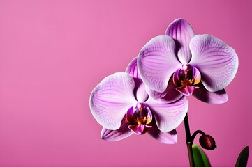 Blooming phalaenopsis orchid on pinkbackground. Copy space