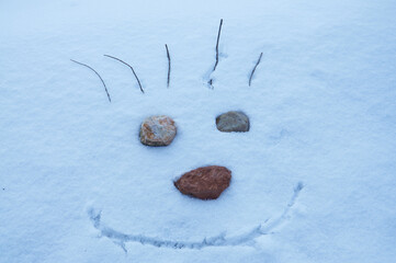 A cheerful face drawn on snow with eyes made of stones, creating a whimsical winter scene