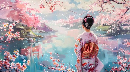 Asian woman in kimono in scenic cherry blossom garden, sakura in Japan.