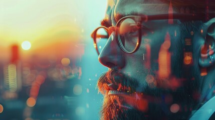 Closeup photo of stylish bearded banker wearing glasses and looking city. Double exposure, panoramic view contemporary megalopolis background. Space for your business message. Wide, sunset effect
