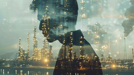 Double exposure of refinery oil and gas background, and businessman with business concept.