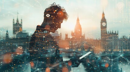 Double exposure of success businessman using digital tablet with london building and social media diagram - obrazy, fototapety, plakaty