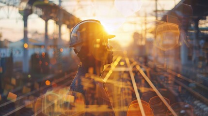 Double exposure of team railway engineer is on duty in work site with abstract bokeh backgrounds, use for banner cover.