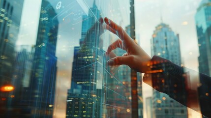 Double exposure photo.Female hand touching modern tablet.Investment manager working new private banking project office.Using electronic device.City skyscrapers background,film and bokeh effect.