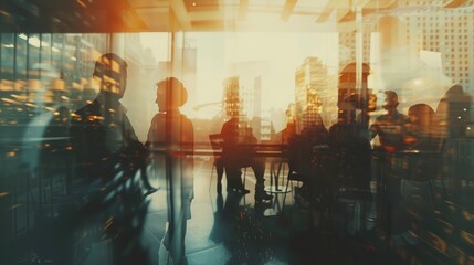 Groups of colleagues meeting each other in busy office lobby. Concept of business negotiations. Toned image. Double exposure