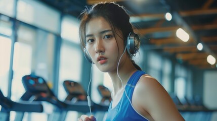 Happy beautiful young asian woman running on treadmill and listening to music via headphone during sports training in a gym.