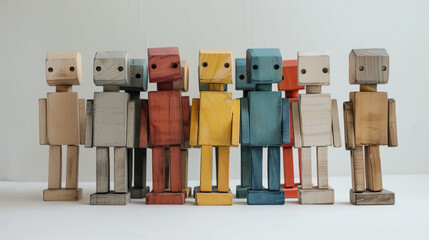 concept of Belonging Inclusion Diversity Equity DEIB, group of multicolor painted wooden robots
