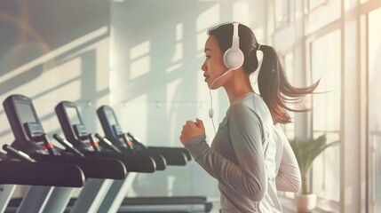 Happy beautiful young asian woman running on treadmill and listening to music via headphone during sports training in a gym.