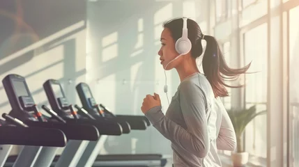 Cercles muraux Magasin de musique Happy beautiful young asian woman running on treadmill and listening to music via headphone during sports training in a gym.