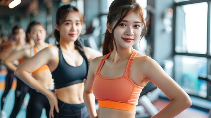 Happy beautiful young asian women are exercising doing stomach workout in modern gym. Beautiful women in good shape from taking care of their bodies. Health concept.