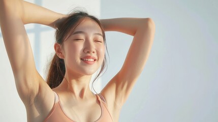 Portrait of beautiful healthy asian armpit waxing woman sport wear copy space white background. People beauty perfect body slim fit fitness sexy girl happy relax. Freedom lifestyle healthcare concept