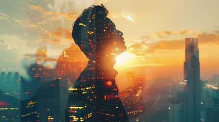 The double exposure image of the businessman looking up during sunrise overlay with cityscape image and futuristic hologram. The concept of modern life, technology, iris scanner and internet of things - obrazy, fototapety, plakaty