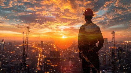 The double exposure image of the engineer standing back during sunrise overlay with cityscape image. The concept of engineering, construction, city life and future - obrazy, fototapety, plakaty