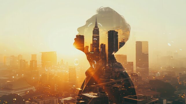 The double exposure image of the businessman looking up during sunrise overlay with cityscape image and futuristic hologram. The concept of modern life, technology, iris scanner and internet of things