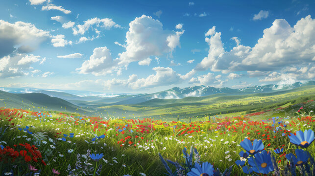 image of a spring landscape with lush green rolling hills, dotted with colorful wildflowers, under a clear blue sky with fluffy white cloud.