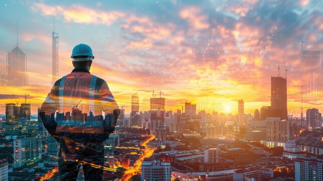 The double exposure image of the engineer standing back during sunrise overlay with cityscape image. The concept of engineering, construction, city life and future