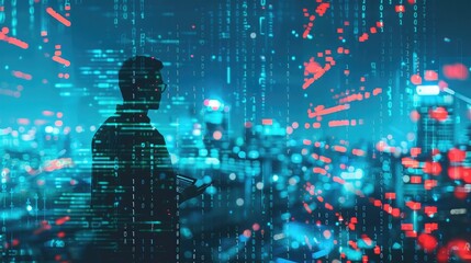 Business and technology, software development, IoT concept. Double exposure, man programmer, software developer working on digital tablet and smart city with binary, html computer code on screen