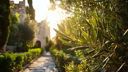 Olive branches in the garden near the medieval mediterranean castle.