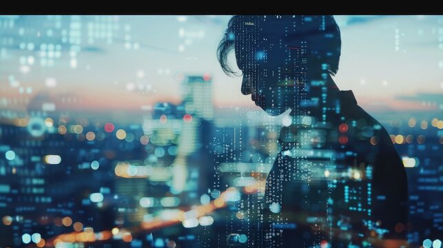 Business and technology, software development, IoT concept. Double exposure, man programmer, software developer working on digital tablet and smart city with binary, html computer code on screen