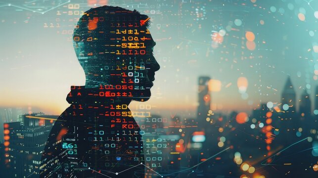 Business and technology, software development, IoT concept. Double exposure, man programmer, software developer working on digital tablet and smart city with binary, html computer code on screen