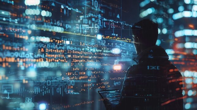 Business and technology, software development, IoT concept. Double exposure, man programmer, software developer working on digital tablet and smart city with binary, html computer code on screen