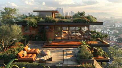 photo-realistic image of a modern home with a rooftop terrace, complete with a garden and seating area