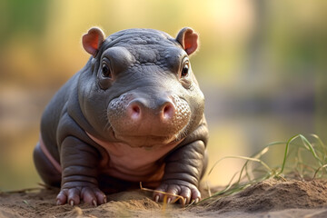 Baby Hippo looking at viewer in the vicinity of a swamp or river. Cute Hippopotamus amphibius animal, a marsh animal playing in the water.