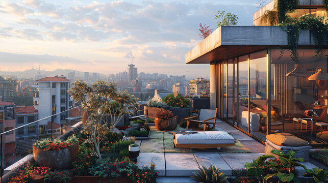 photo-realistic image of a modern home with a rooftop terrace, complete with a garden and seating area