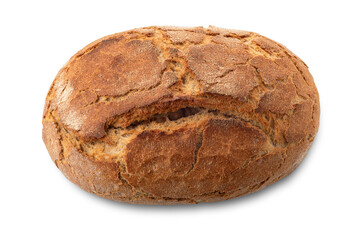 Loaf of whole grain rye bread with brown crust top view isolated