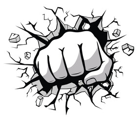 Comic style fist punched through stone wall. Vector on transparent background