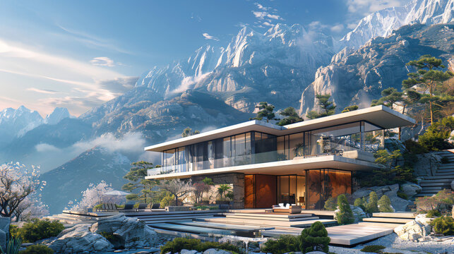photo-realistic image of a luxurious modern home with a grand entrance and expansive glass walls, offering stunning views of a mountain landscape