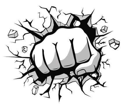 Comic style fist punched through stone wall. Vector on transparent background