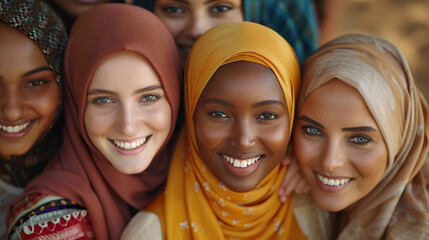 concept of Belonging Inclusion Diversity Equity DEIB, group of different skin color muslim girls in hijab
