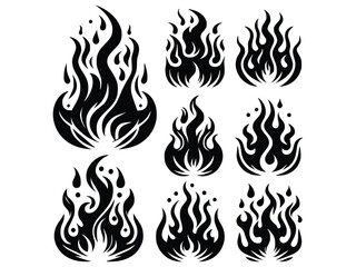 Classic silhouette flame. Black fire set isolated on white background. Old school tattoo neo-tribal style or silhouette flame for cars. Minimalistic stylish fire outline and filled contour. Vector set