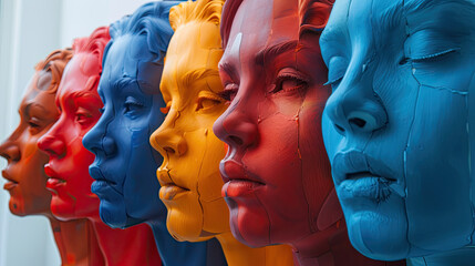 concept of Belonging Inclusion Diversity Equity DEIB, group of multicolor painted people sculptures or mannequins 	
