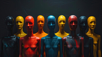 concept of Belonging Inclusion Diversity Equity DEIB, group of multicolor painted mannequins fashion dolls 