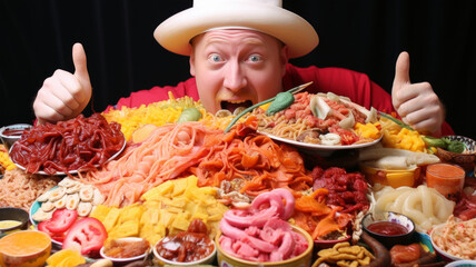 Man with parodic expression ready to eat a lot of food on black background Streamer or influencer recording Mukbang content. South Korea eating show broadcast. Youtuber thumbnail photo style.