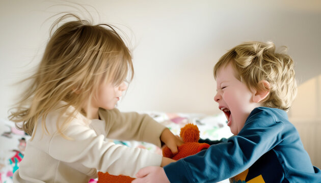 AI image of little kids are fighting in room at home. Children pull same toy each in their own direction. Babies crying and screaming. Relations of sibling in family. Babies adaptation in groups
