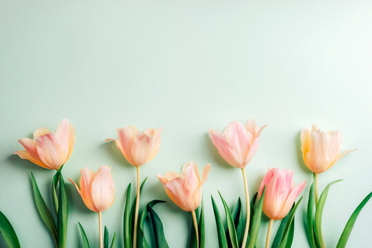 Peach tulips on light green background. Spring holidays concept. Top view, flat lay