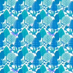 Abstract cartoon forest seamless trees and animals pattern with fox and bears and rabbit and bird for wrapping paper