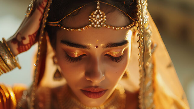 Uma jovem mulher vestindo traje indiano tradicional realiza a aplicação de um bindi iluminada por suave luz natural