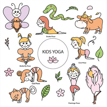Set of kids yoga animal poses. Cat, cow, butterfly, flamingo, snake asanas. Vector cartoon illustration in doodle style.