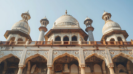 Mesquita deslumbrante detalhes arquitetônicos contra o céu azul em um meio de tiro com lente de 50 mm - obrazy, fototapety, plakaty